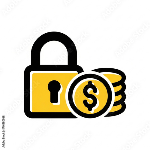 Vector art of secure money icon with padlock and coins