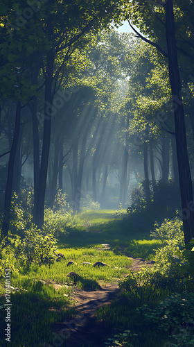 Wallpaper Mural Peaceful forest pathway with sunlight streaming through trees high resolution picture Torontodigital.ca