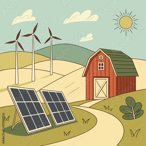 Cartoon farm landscape showcases solar panels, wind turbines, and a barn amid rural setting