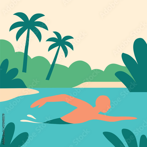 A person swimming freestyle in a tranquil blue river surrounded by lush green jungle and palm trees.