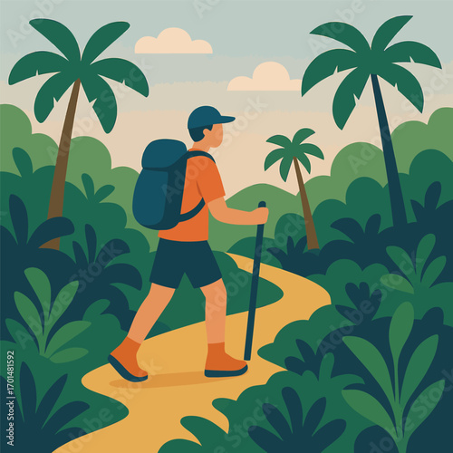 A person with a backpack and a walking stick hiking on a path through a lush green jungle with palm trees.