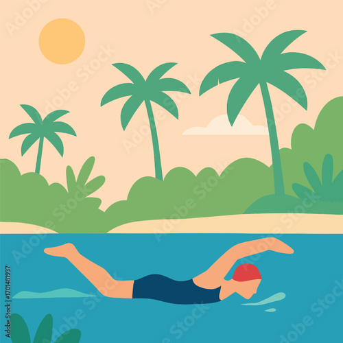 A person swimming in clear blue water with palm trees and a sunny sky in a tropical landscape.