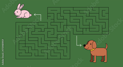 Challenging maze adventure featuring a clever rabbit and a determined dog navigating twisting paths and complex labyrinth puzzles seeking a joyful encounter