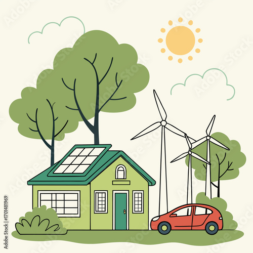 Green house has solar panels, windmills, and red car against cloudy sky