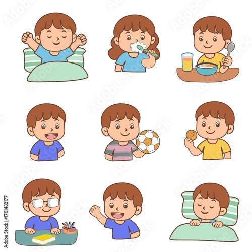 Illustration, A day in the life of a little boy. From waking up, going to school, playing, and learning, every moment is full of fun and discovery. Vector.