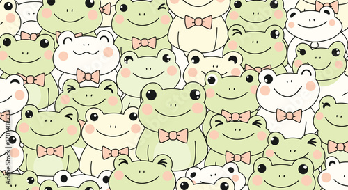Adorably cute kawaii frog friends gathering together in a cheerful pattern design