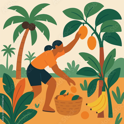 A woman harvests oranges and bananas in a tropical orchard.