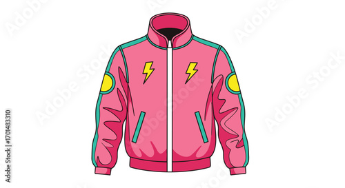 Vibrant pink retro athletic track jacket featuring bold yellow lightning bolt graphics and teal accents for a striking vintage look