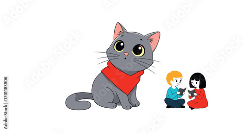 Charming cat with big eyes interacts with children reading books together