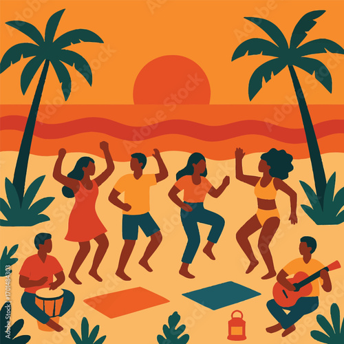 A group of friends dancing and playing music on a tropical beach at sunset in a flat illustration style.