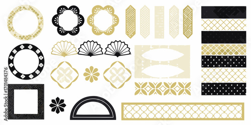 Collection of japanese inspired decorative elements and patterns in black and gold
