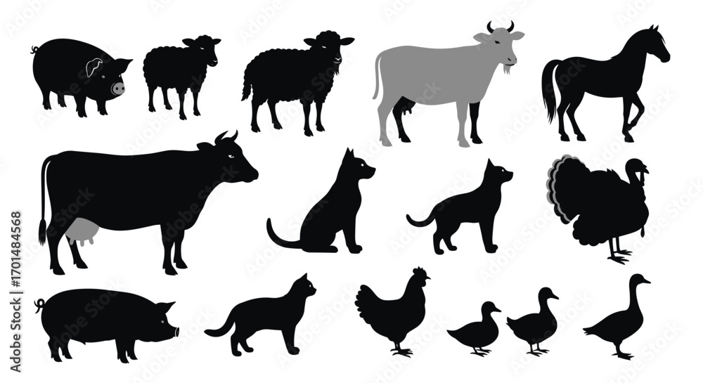 Fototapeta premium Collection of farm animals silhouettes for educational purposes and childrens books