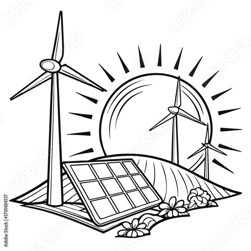 Wind turbines and solar panel are placed on the field against a sun outline