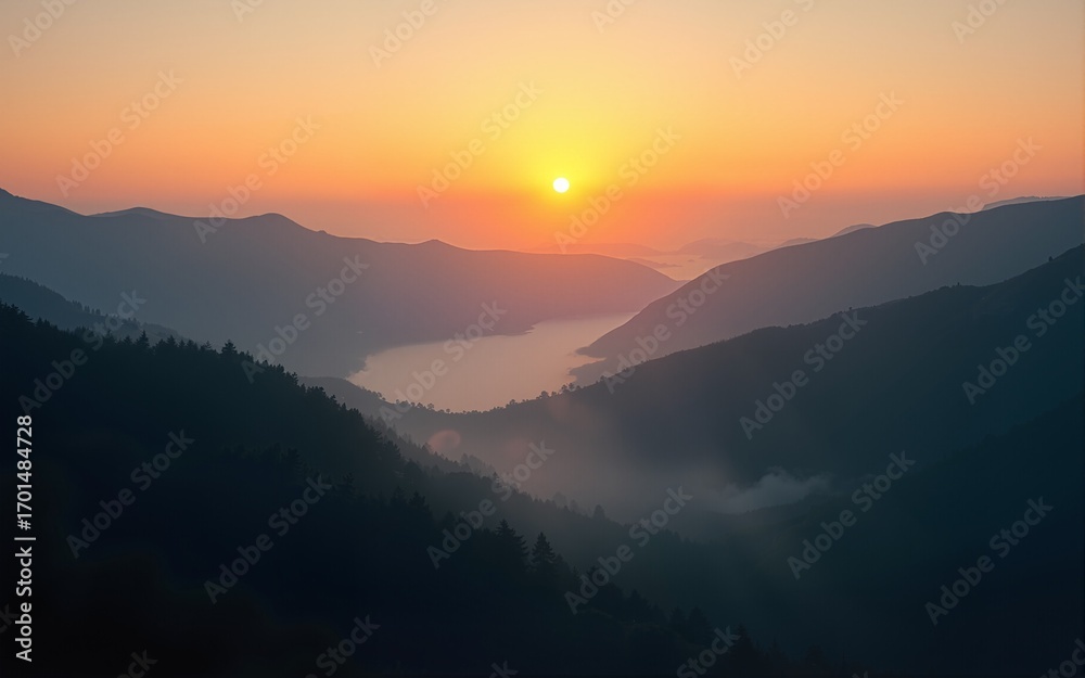 Fototapeta premium Aerial View of Sunset Over Rolling Hills and Foggy Valley. High quality