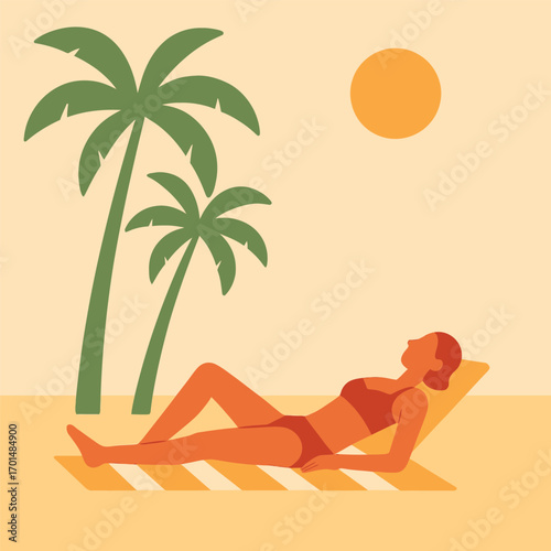 Woman sunbathing on a beach under palm trees.