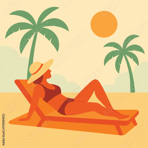 A woman in a hat and bikini sunbathing on a lounge chair at a tropical beach with palm trees and a bright sun.
