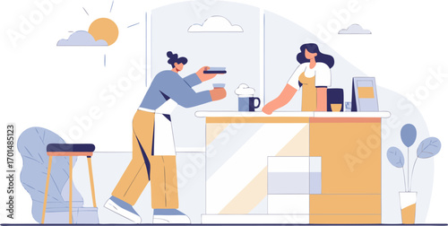 Customers buying coffee at a modern cafe counter vector illustrations