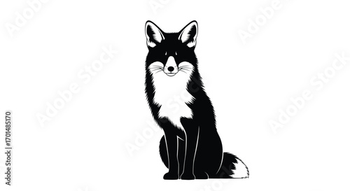 Elegant black fox sitting attentively with white chest accents illustration