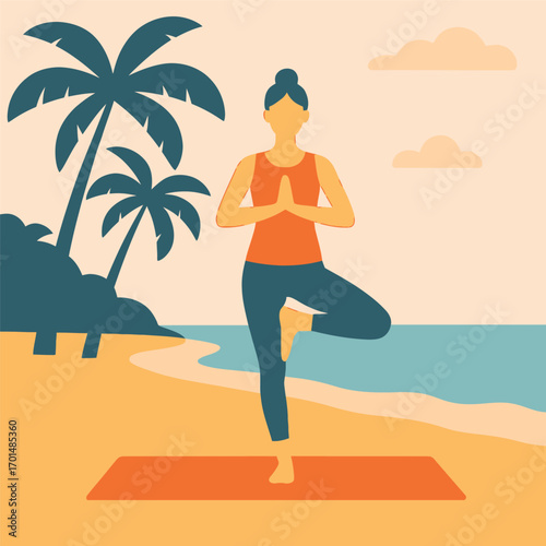 Woman practicing yoga on a beach, demonstrating a tree pose.