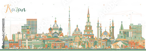 Kazan Russia city skyline with color buildings. Kazan cityscape with landmarks. Travel and tourism concept with modern and historic architecture.