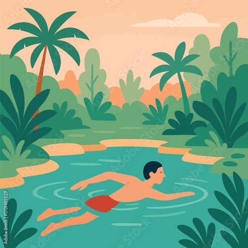 Man swimming in a tropical lagoon, surrounded by lush vegetation and palm trees.