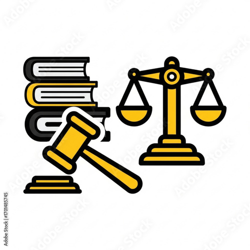 Vector art of law and justice symbols gavel, scales of justice, and books