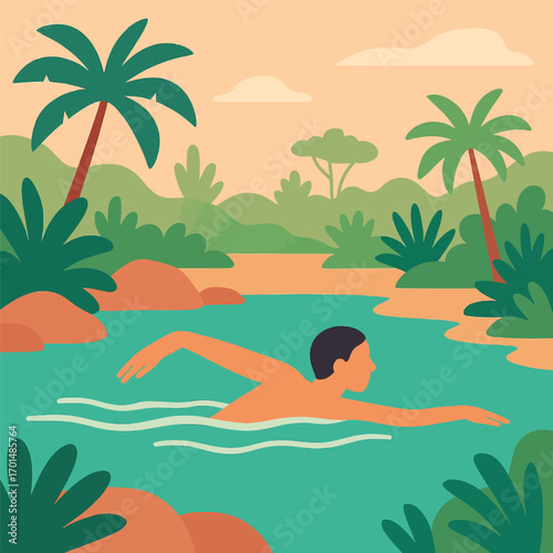 A person swims through a serene jungle river surrounded by lush green foliage and palm trees under a warm, hazy sky.