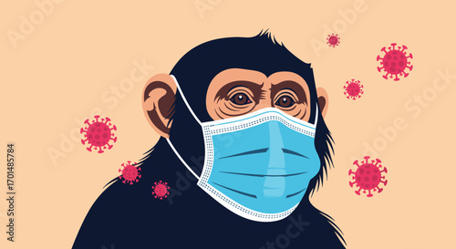 A chimp wearing a medical face mask amidst airborne viral particles illustration