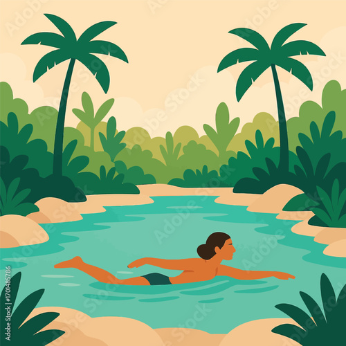 A person swimming in a serene natural pool surrounded by tropical palm trees and lush green foliage.