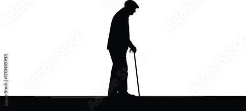 Silhouette vector of elderly man walking with cane on ground, senior male figure, old age support and health concept.