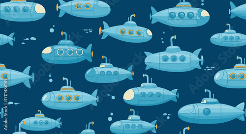 A whimsical underwater world filled with many tiny blue pixel art submarines floating in the deep dark ocean depths