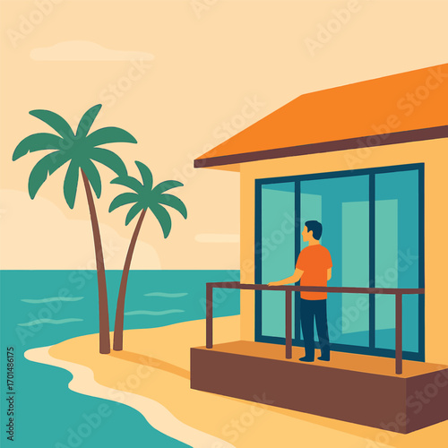 A man stands on the balcony of a modern beach house, gazing at the tranquil ocean with palm trees nearby in a flat vector illustration style.