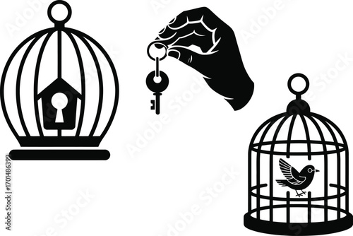 Freedom and liberation concept with birds, key, and empty cage, representing hope and dreams