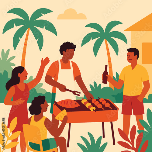 People enjoying a barbecue on a tropical beach with palm trees.