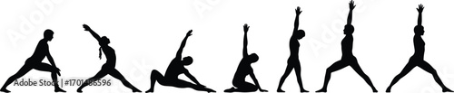 Silhouettes of Men and Women Performing Various Yoga Poses for Flexibility, Strength, Balance, Meditation, Wellness, Health, and Fitness Training
