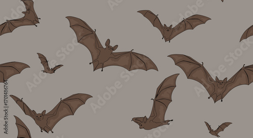 A collection of flying mammals in various positions across a subtle background texture