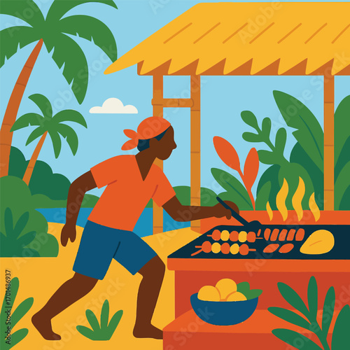 A man grilling skewers of food at a tropical beachside stand with palm trees and lush foliage.