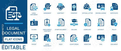Legal document icon set. featuring contract, agreement, passport, ID card, certificate, license, patent, testament and more. perfect flat icon collection.