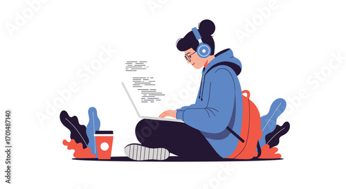 Young person wearing headphones coding on a laptop enjoying music and a drink while studying outdoors among plants