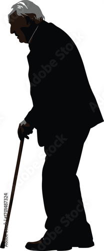 Vector illustration of an elderly man walking with cane, side view silhouette, aging support, senior health, old person concept.
