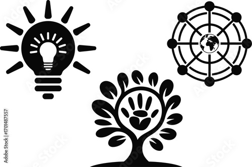 Concept icons representing ideas, global connection, and environmental sustainability for modern use