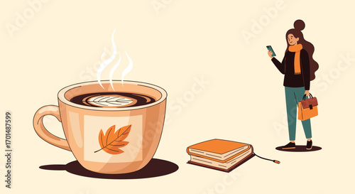 Warm autumn coffee break with a person using their phone and a small snack