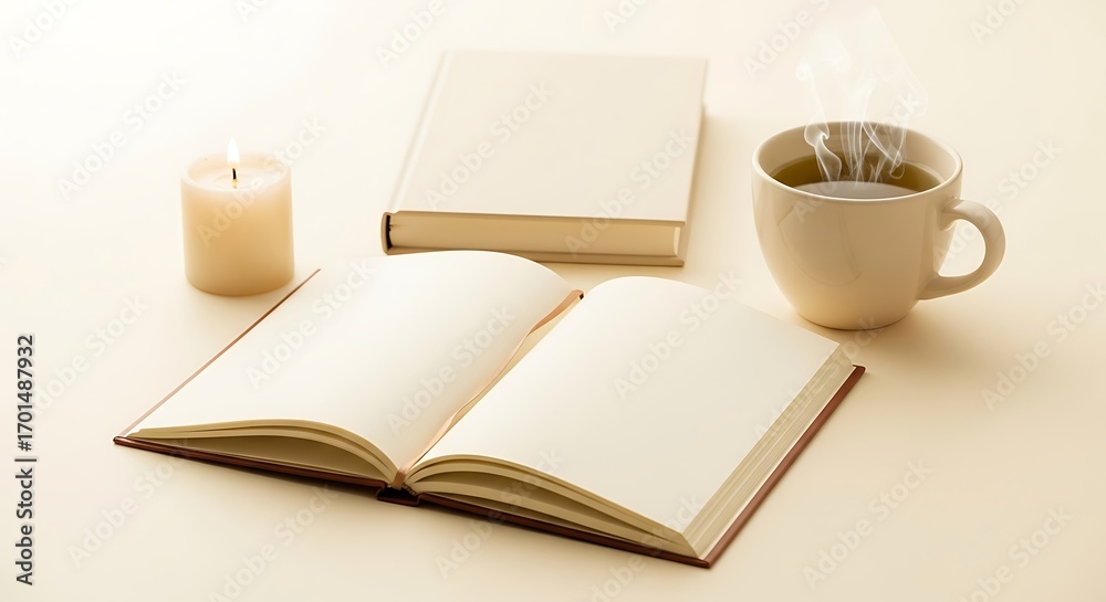 Naklejka premium Cozy reading scene with open book candle and coffee mug