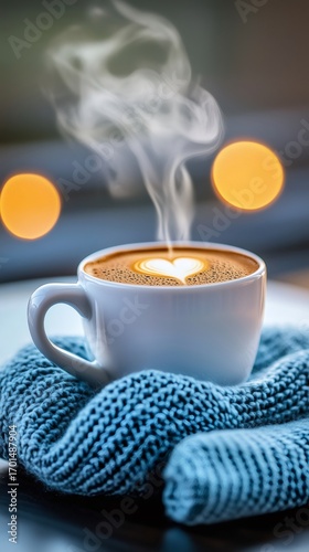 Steaming cup of coffee warming on blue cozy wool cover during winter