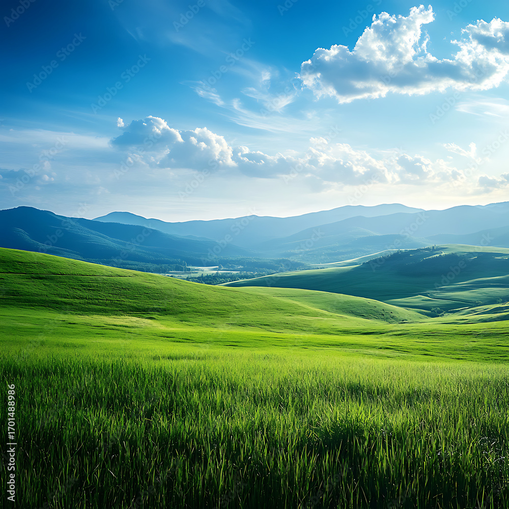 Fototapeta premium Serene countryside valley with trees and wildflower field high resolution picture