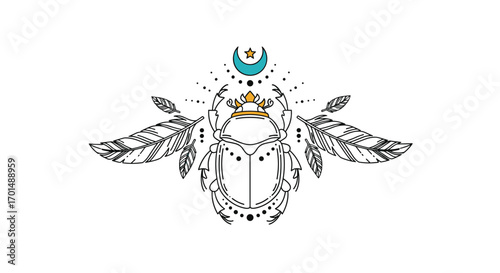 Mystical scarab beetle with wings and crescent moon symbolizing ancient egyptian mythology and transformation