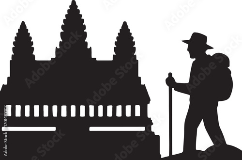 Angkor Wat silhouette vector illustration, ideal for historic temple, landmark, travel, culture, and architecture design.
