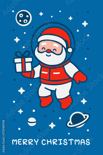 Cute cartoon Santa Claus wearing an astronaut suit and flying in outer space, delivering a Christmas gift among stars and planets on a holiday greeting card.