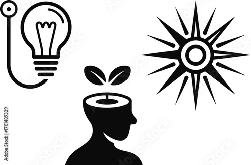 Creative ideas and innovation concept with lightbulb, open mind, and sunburst symbol