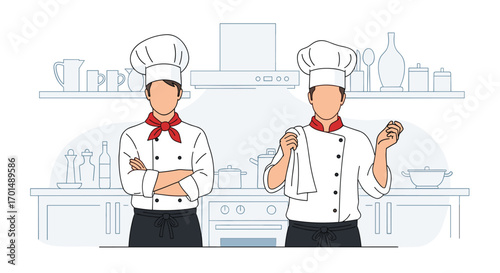 Two professional chefs working together in a modern restaurant kitchen preparing delicious meals for hungry diners